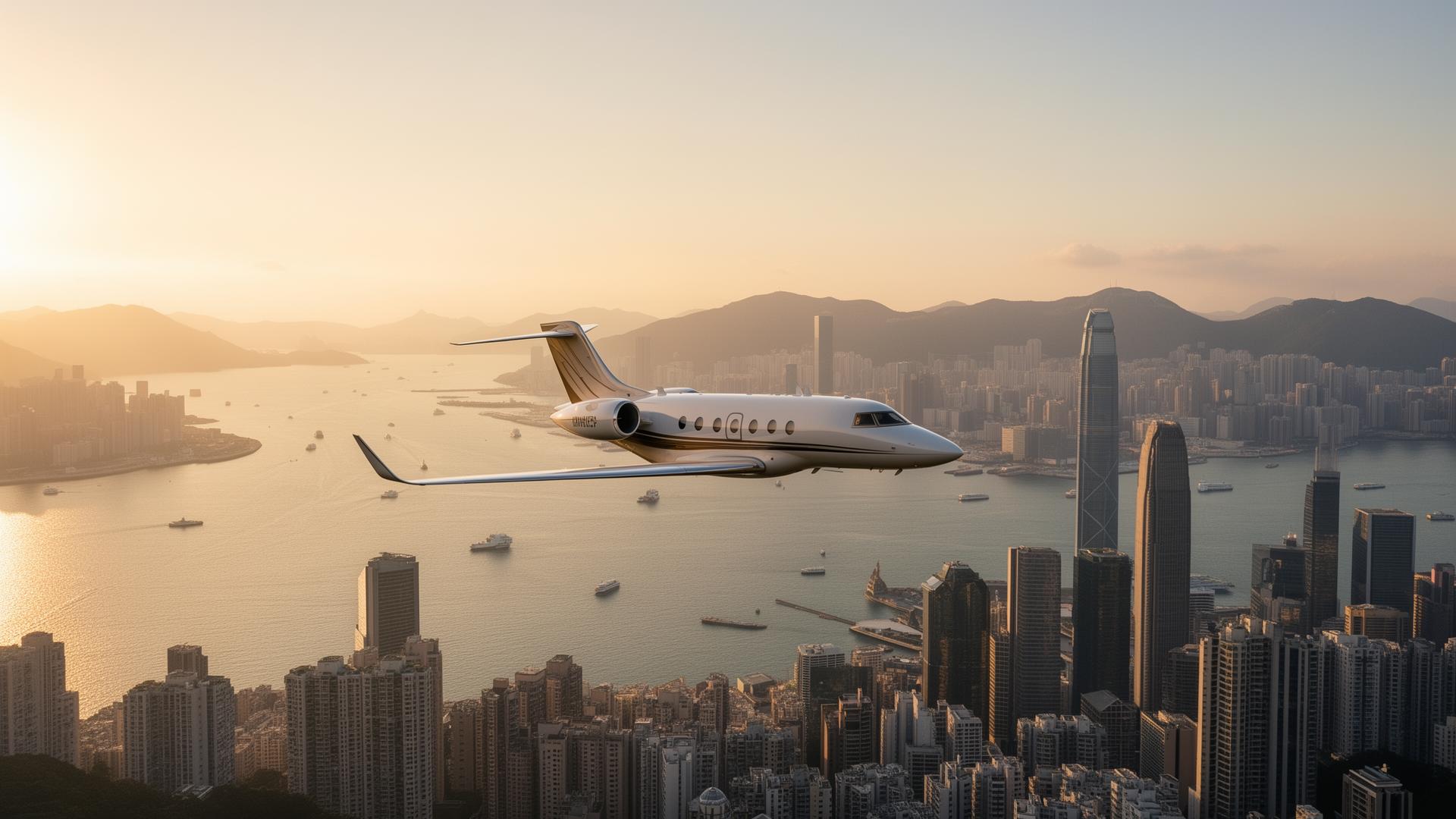 Private jet flying over Victoria Harbour, Hong Kong at golden hour